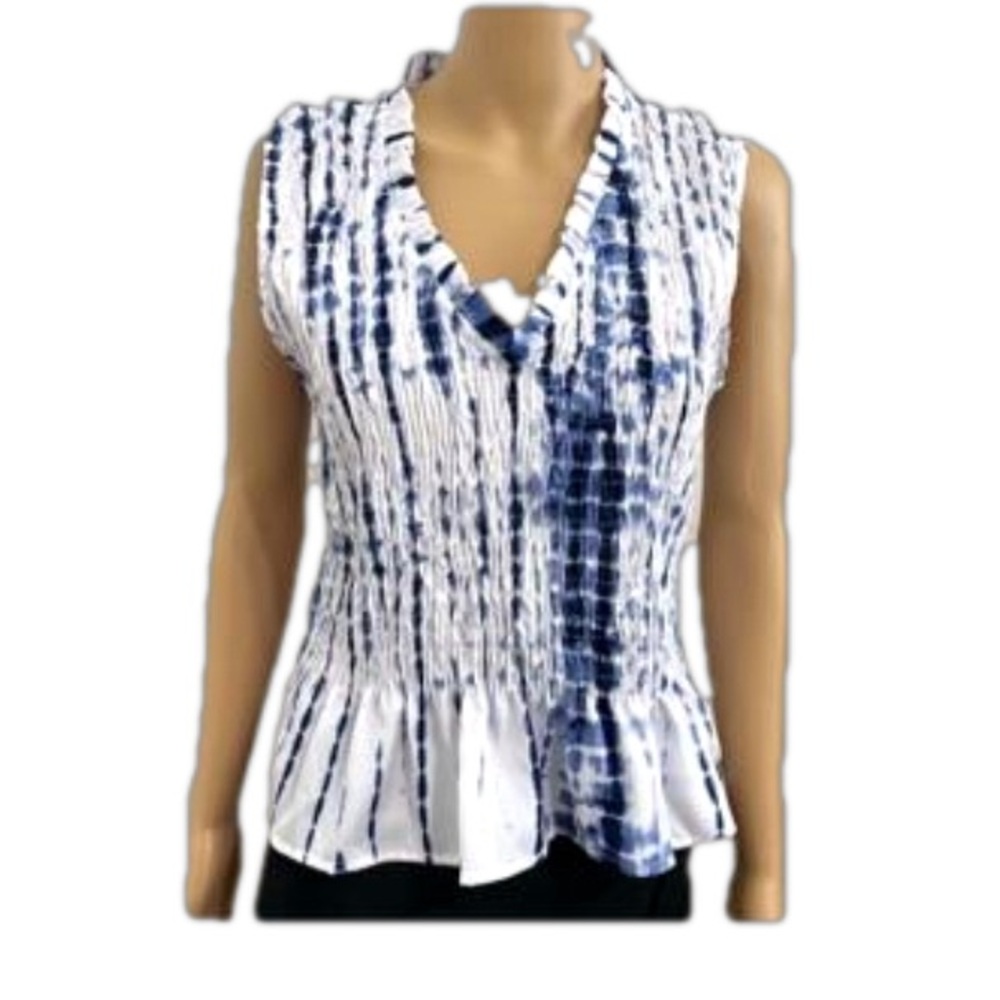 Style House White and Blue Ruffled Peplum Style Blouse